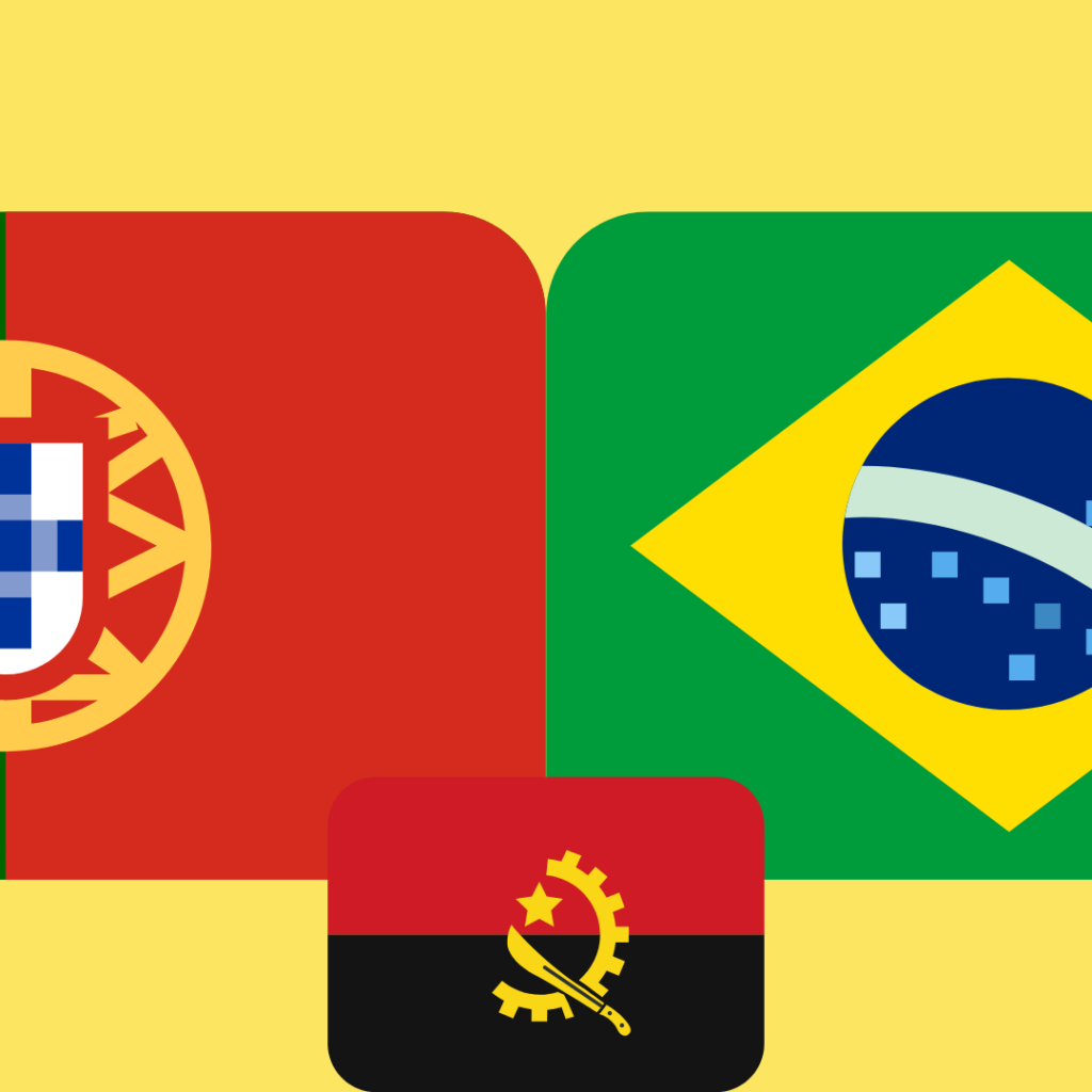 Bandeiras de Portugal e Brasil com a bandeira de Angola alinhada ao centro, entre as duas outras bandeiras.